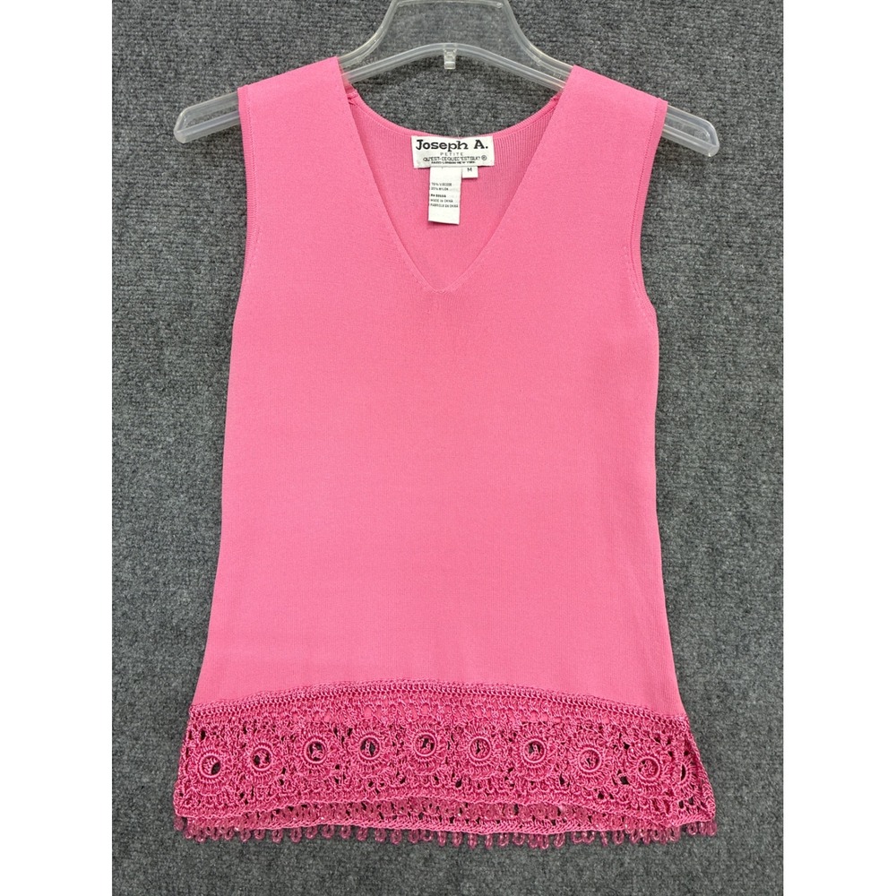 Joseph A. Petite Pink V-Neck Knit Tank Top Crochet Lace Beaded Hem Medium NEW